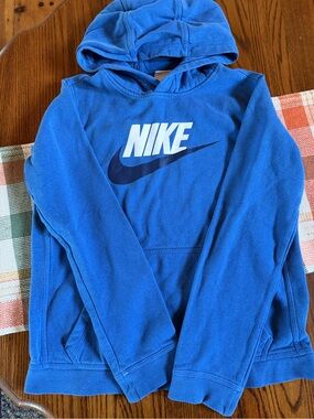 Nike Blue Pullover Hoodie with White Logo and Navy Swoosh